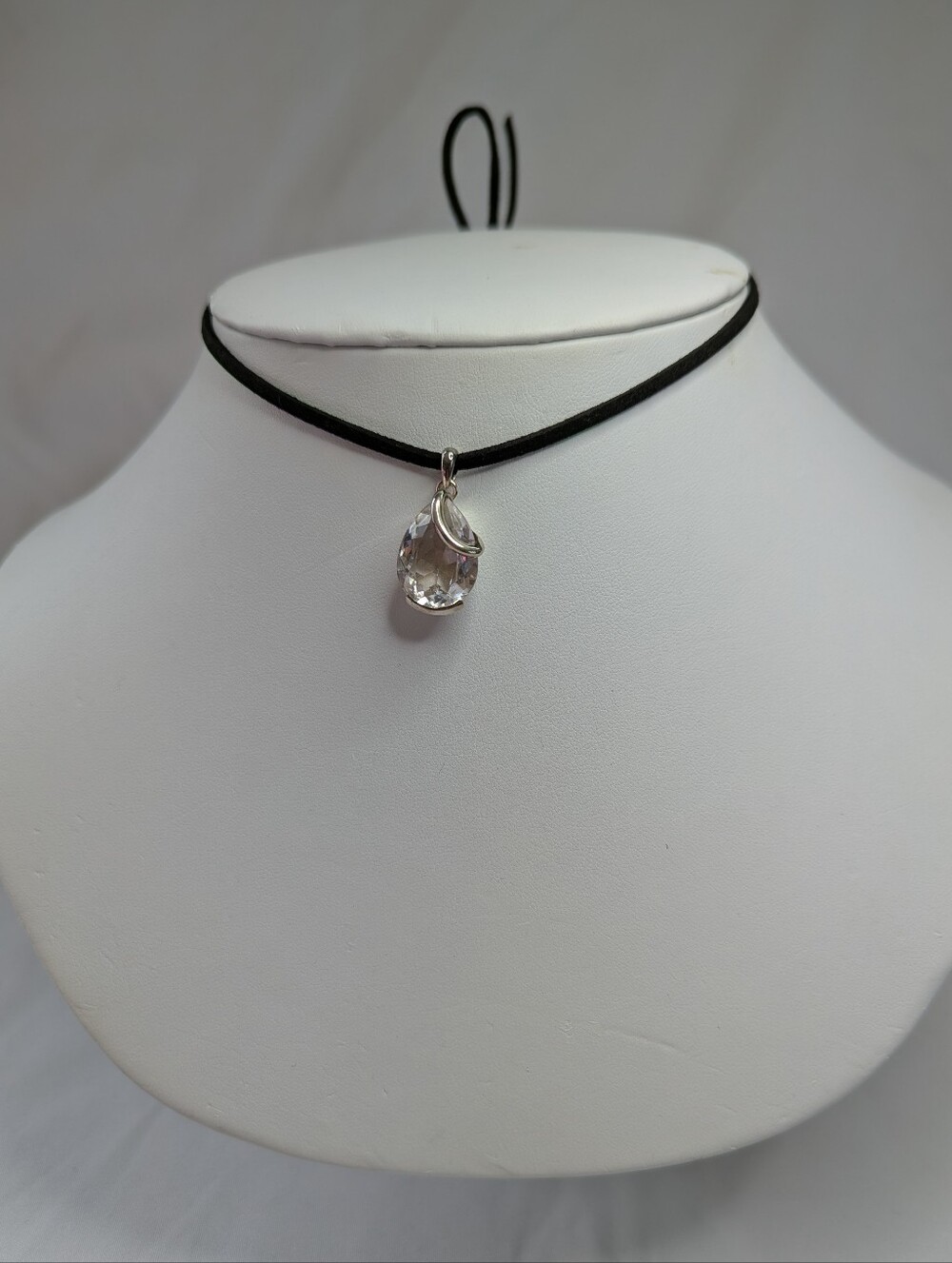 Genuine Quartz Crystal Teardrop Sterling Silver Pendant on Black Cord Choker